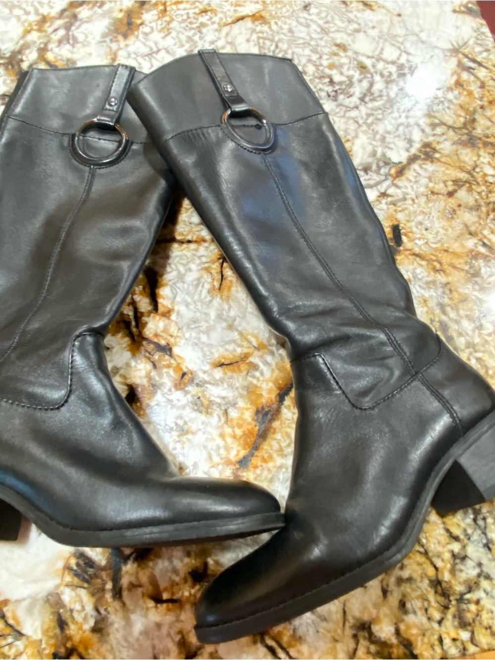 Alfani Black Leather Knee-High Ring Detail Boots. Has stretch panel on back. GUC